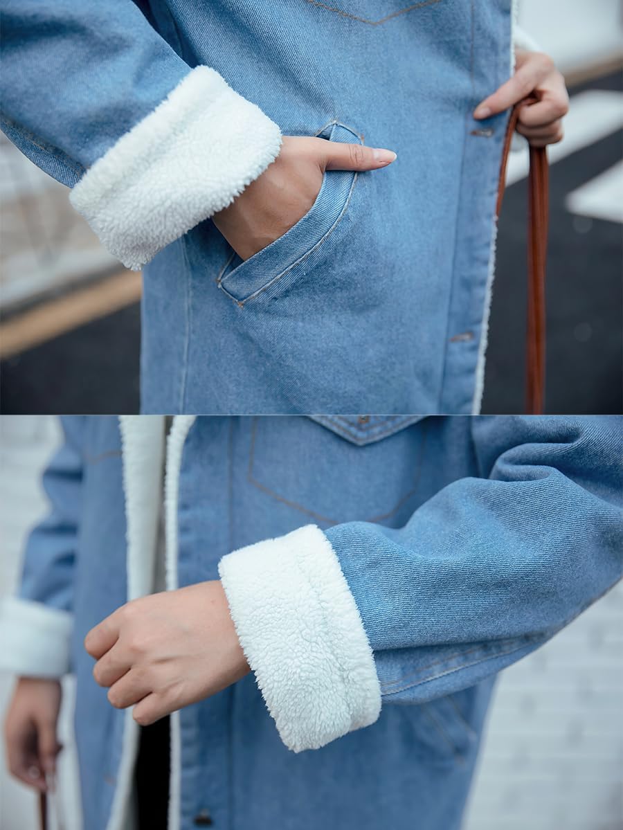 ebossy Women's Sherpa Lined Long Denim Jacket with Removable Faux Fur Collar - Image 5