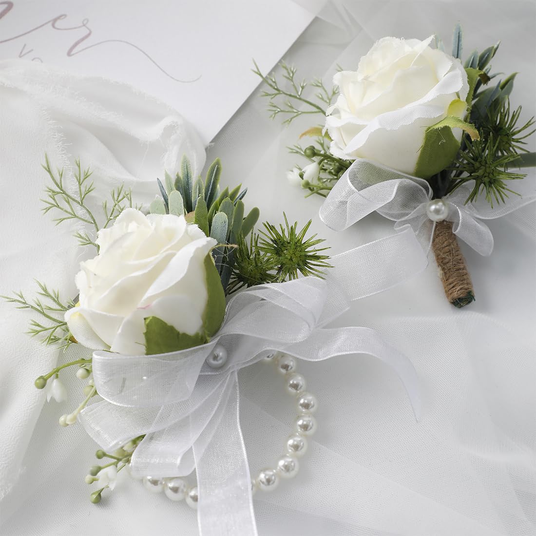 View 1 of **MISSING ONE**
Floroom Ivory Rose Wrist Corsage Wristlet Band Bracelet and Men Boutonniere Set for White Wedding Flower Accessories Prom Suit Decorations