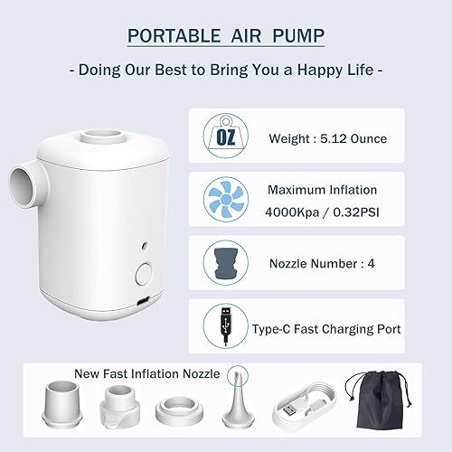 Miniatura 2 de Bomba de aire eléctrica, bomba de aire portátil con batería de 2000 mAh recargable por USB para inflar desinflar, desinflar para anillo de natación,