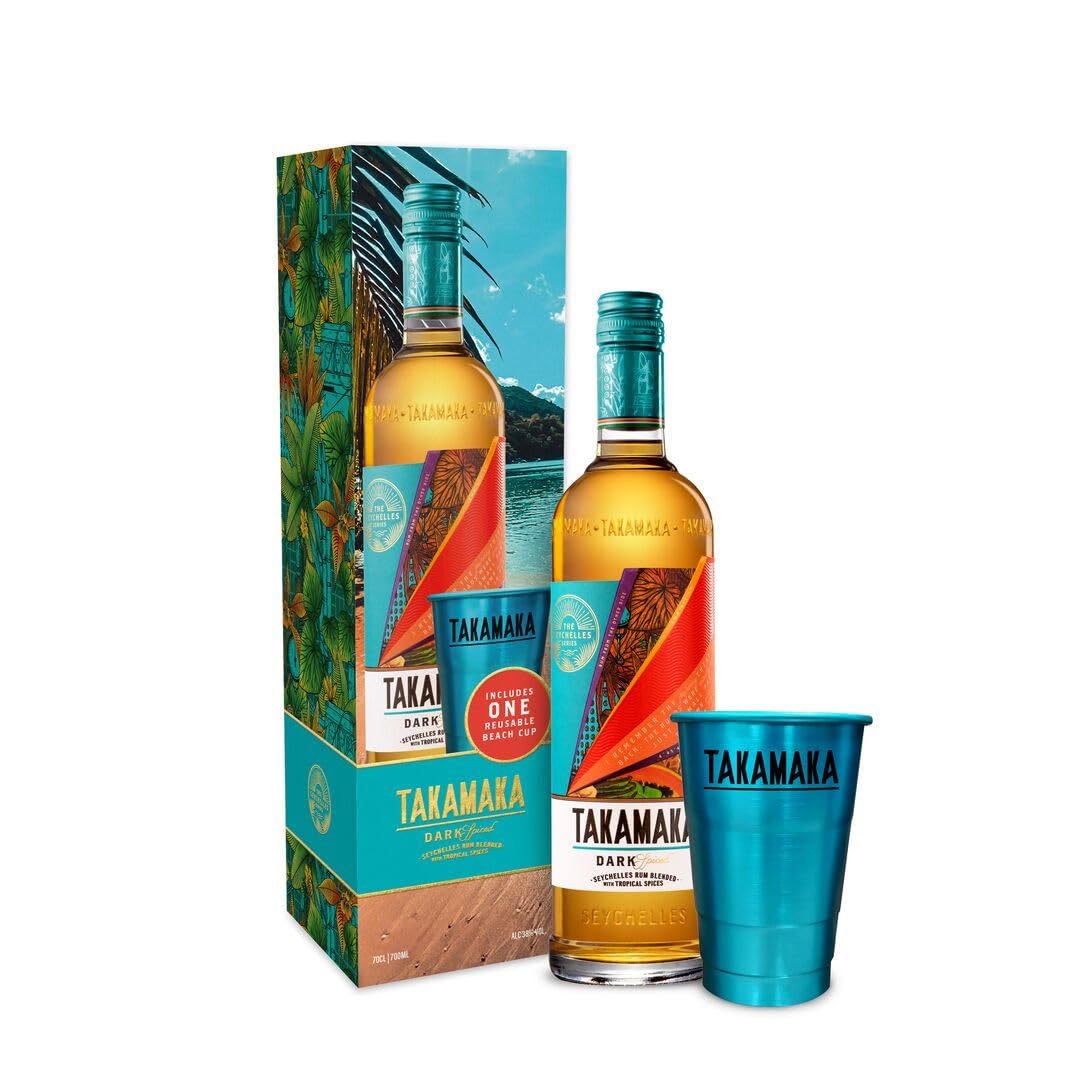 Takamaka Dark Spiced Rum Gift Pack with Beach Cup | 38 percent | 70 cl | Spiced Rum From The Seychelles | Vibrant Tropical Fruit and Local Spices | Perfect for Gifting