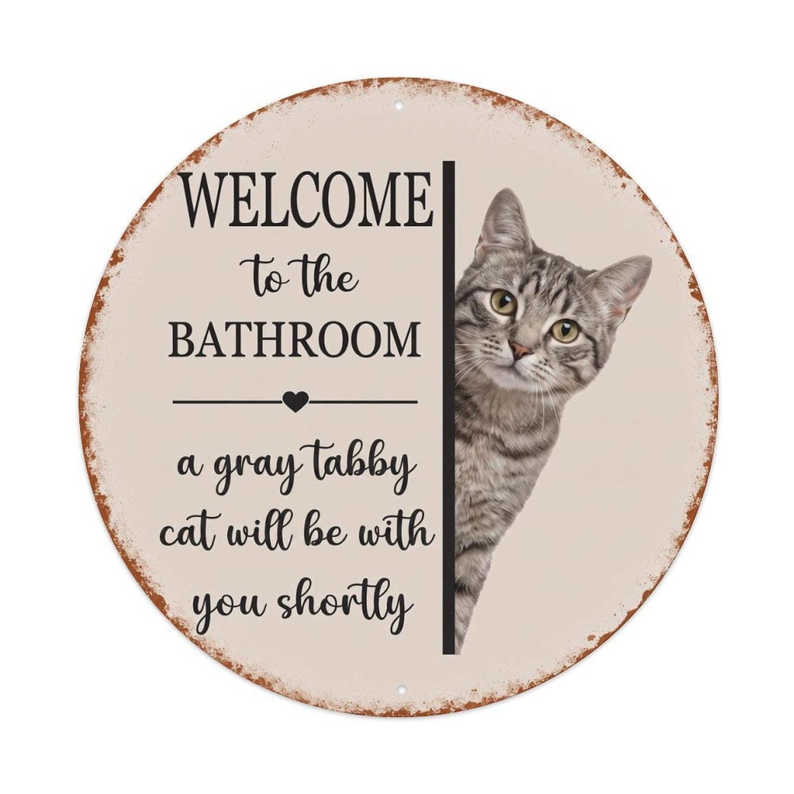 Vintage WELCOME To The BATHROOM Gray Tabby Cat Metal Tin Sign