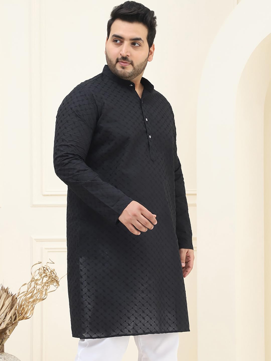 Sojanya Plus(Since 1958) Men's 100% Cotton Black Chikankari Kurta