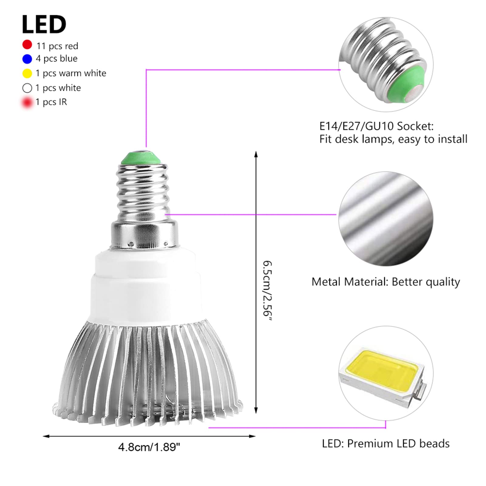 LED-kweeklamp Met Volledig Spectrum 18W E27/E14/GU10, Groeilamp Voor Kamerplanten 85-265V, Energie-efficiënt Voor Hydrocultuur En Kas(GU10