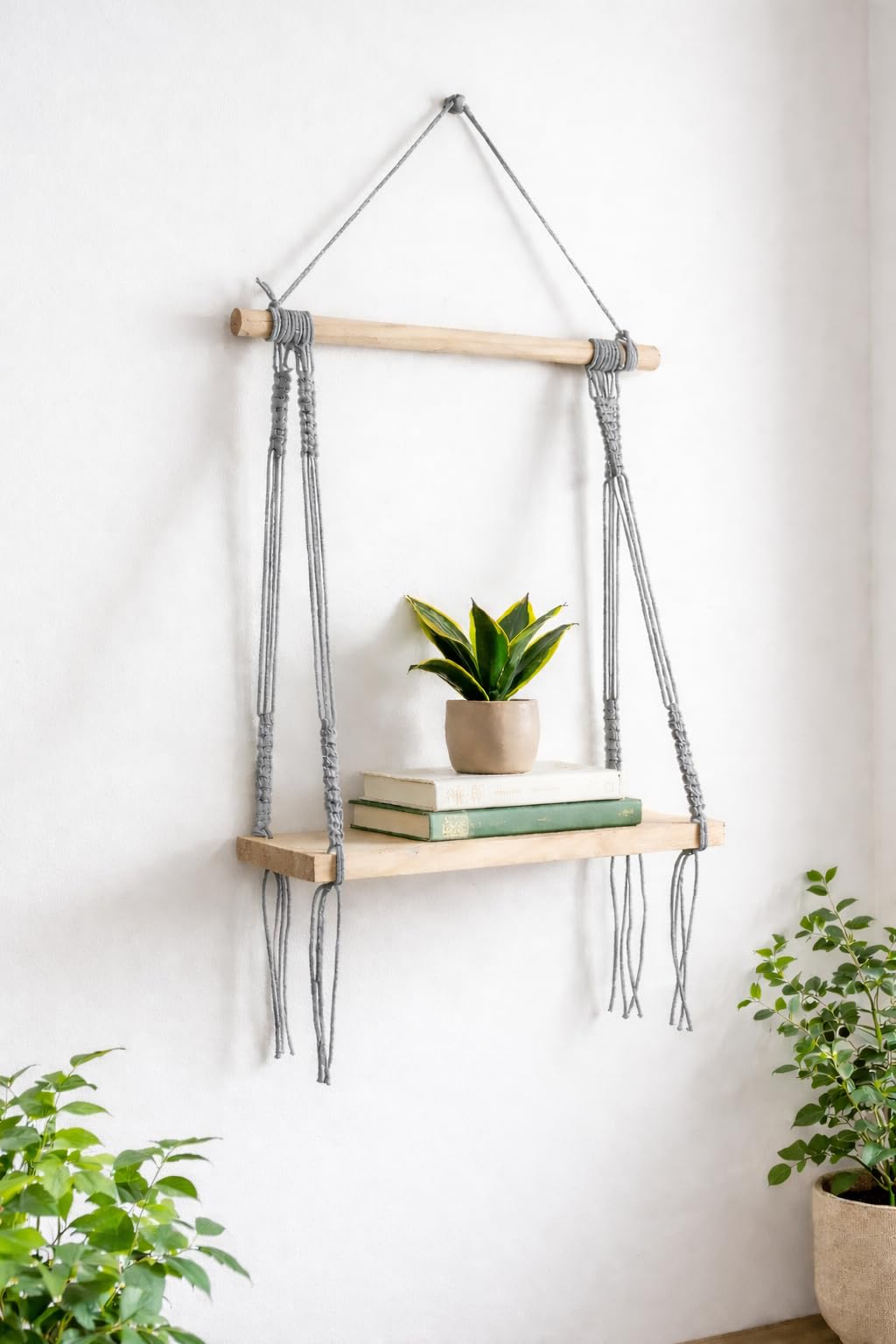 Handmade Grey Macrame Wall Hanging Wooden Shelf for Home Decor | Boho Style Floating Shelf for Living Room, Bedroom & Balcony