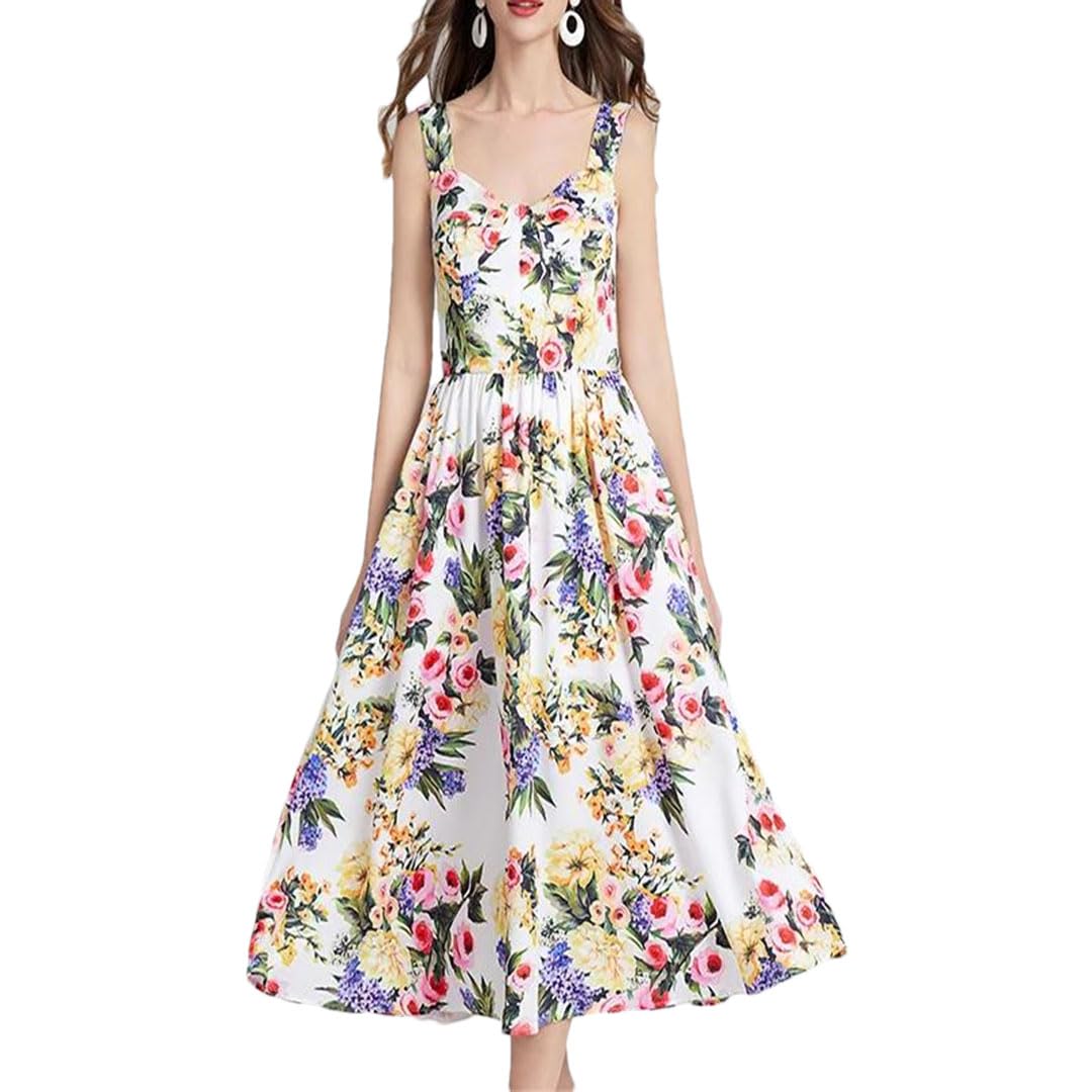 LNNSHX Mujer Verano Estampado Floral Vacaciones Midi Vestido Largo Correas Elástico Sin Espalda
