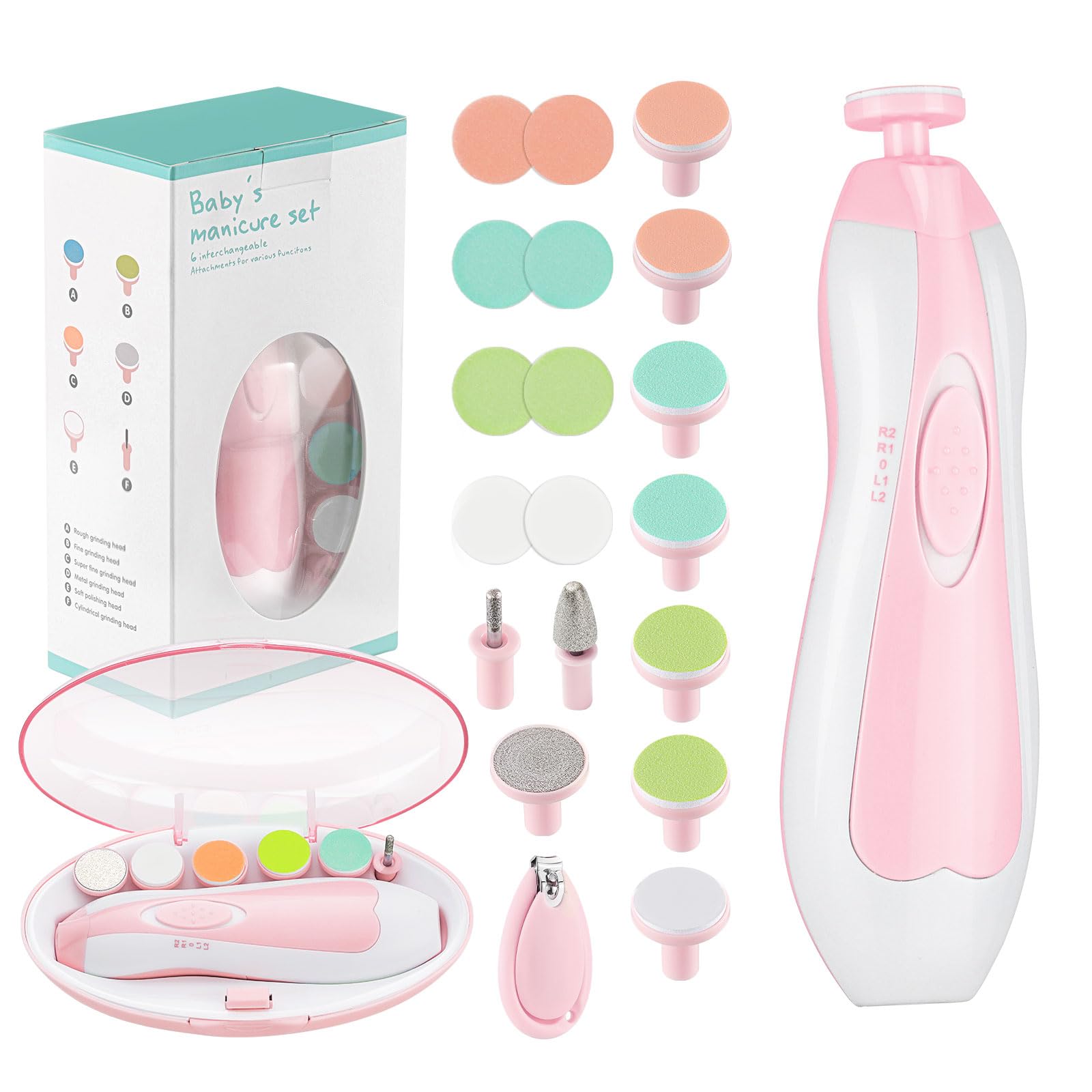 Cortauñas de Bebé 20 en 1, Cortauñas Eléctrico de Bebé, Kit de Lima de Uñas con 12 Almohadillas de Repuesto, Kit de Recorte para Uñas, Dedos, Recién Nacidos, Bebés, Niños Pequeños o Adulto,Rosa