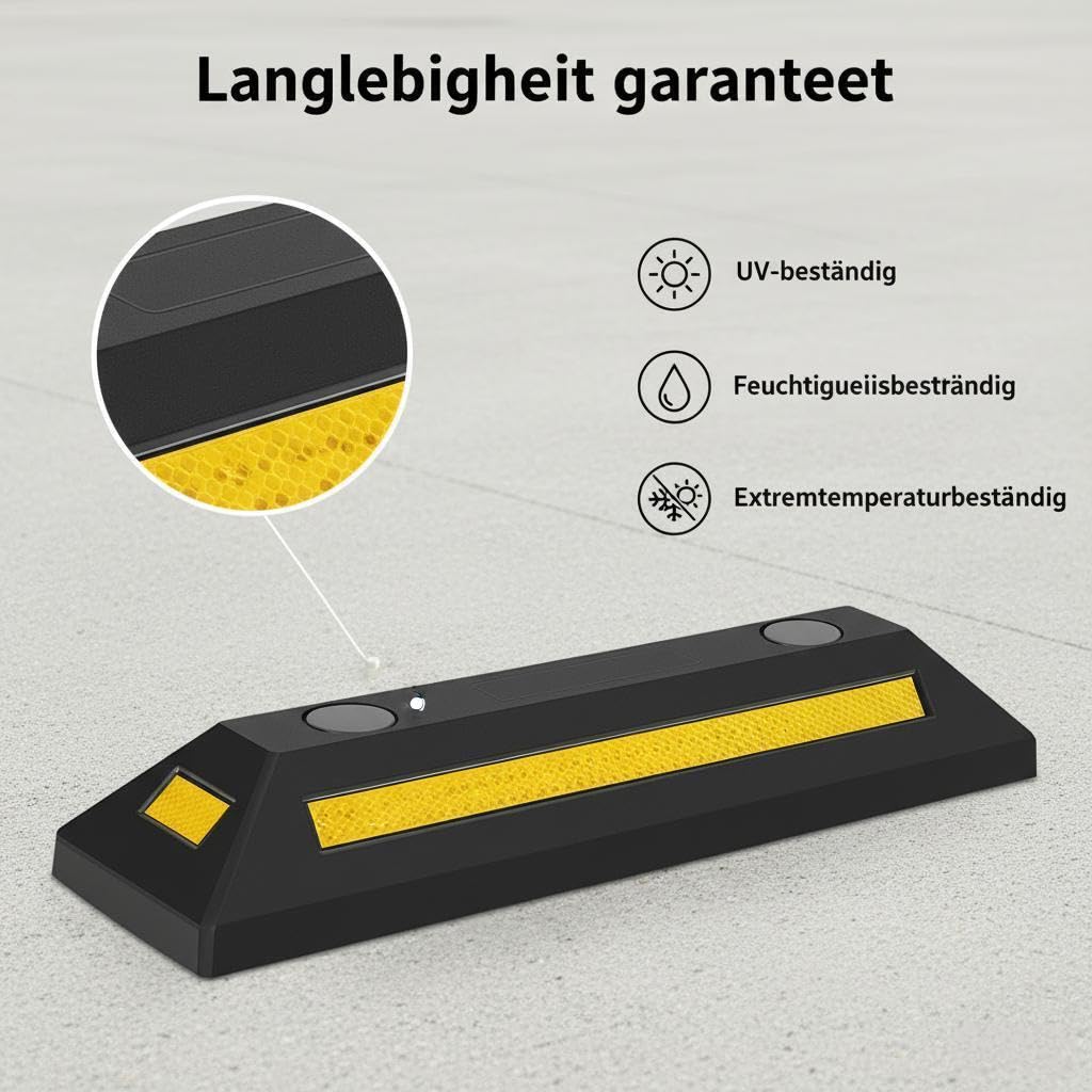 8X butée de Roue 54 x 15 x 10 cm – en Caoutchouc – 4 kg/pièce – avec Réflecteurs – Aide au stationnement Stop Roues pour Parkings, Sol Garage