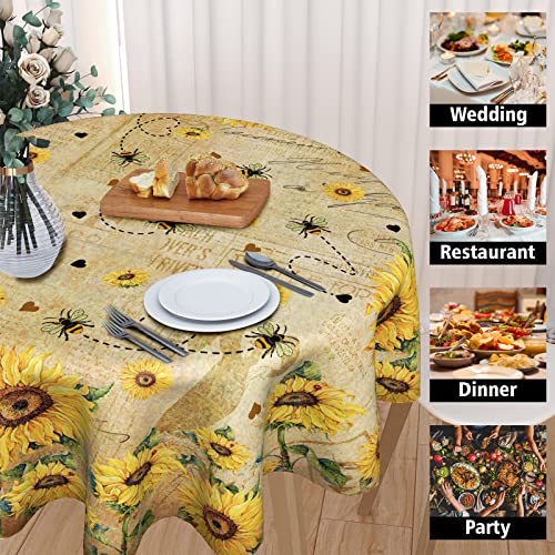 Giwawa Sunflower Bee Round Tablecloth 60Inch Yellow Flower Vintage Floral Style Circle Table Cover Wrinkle Free Shabby Chic Cabin Circular Table Cloth Washable For Kitchen Dining Farmhouse Decor #TOP3