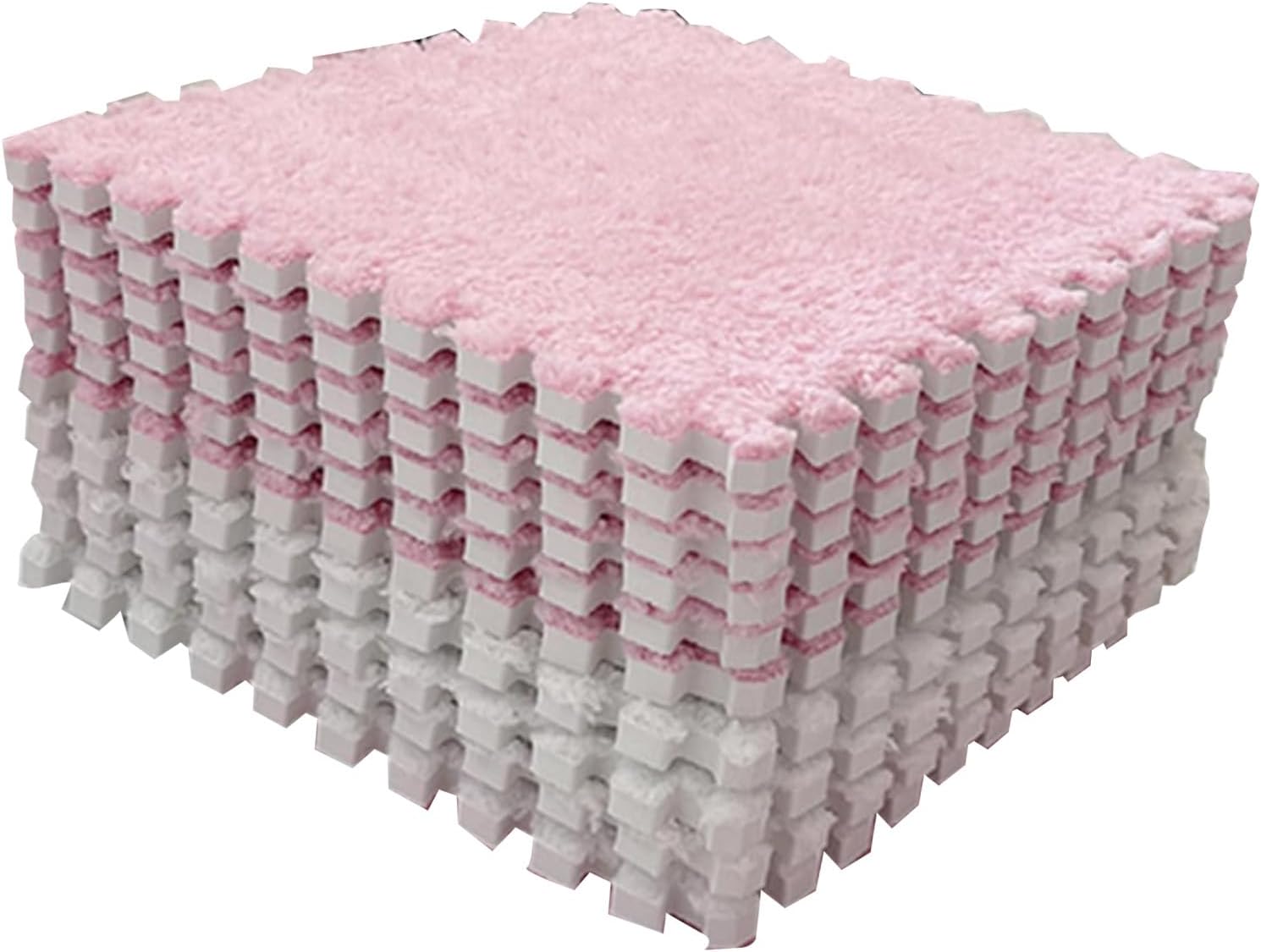 10 Plush Foam Floor Mats, Square Interlocking Rugs, Tile with Border Fluffy Play Mat, Cuttable Floor Tile Soft Climbing Rug for Home Playroom Decor(Pink+White)