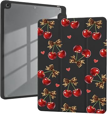 Cute Cherry Case for iPad mini 7 A17 Pro 2024 / iPad mini 6 2021 8.3 Inch Leopard Print Bow Aesthetic Girly Trifold Stand Leather Cover Clear Back