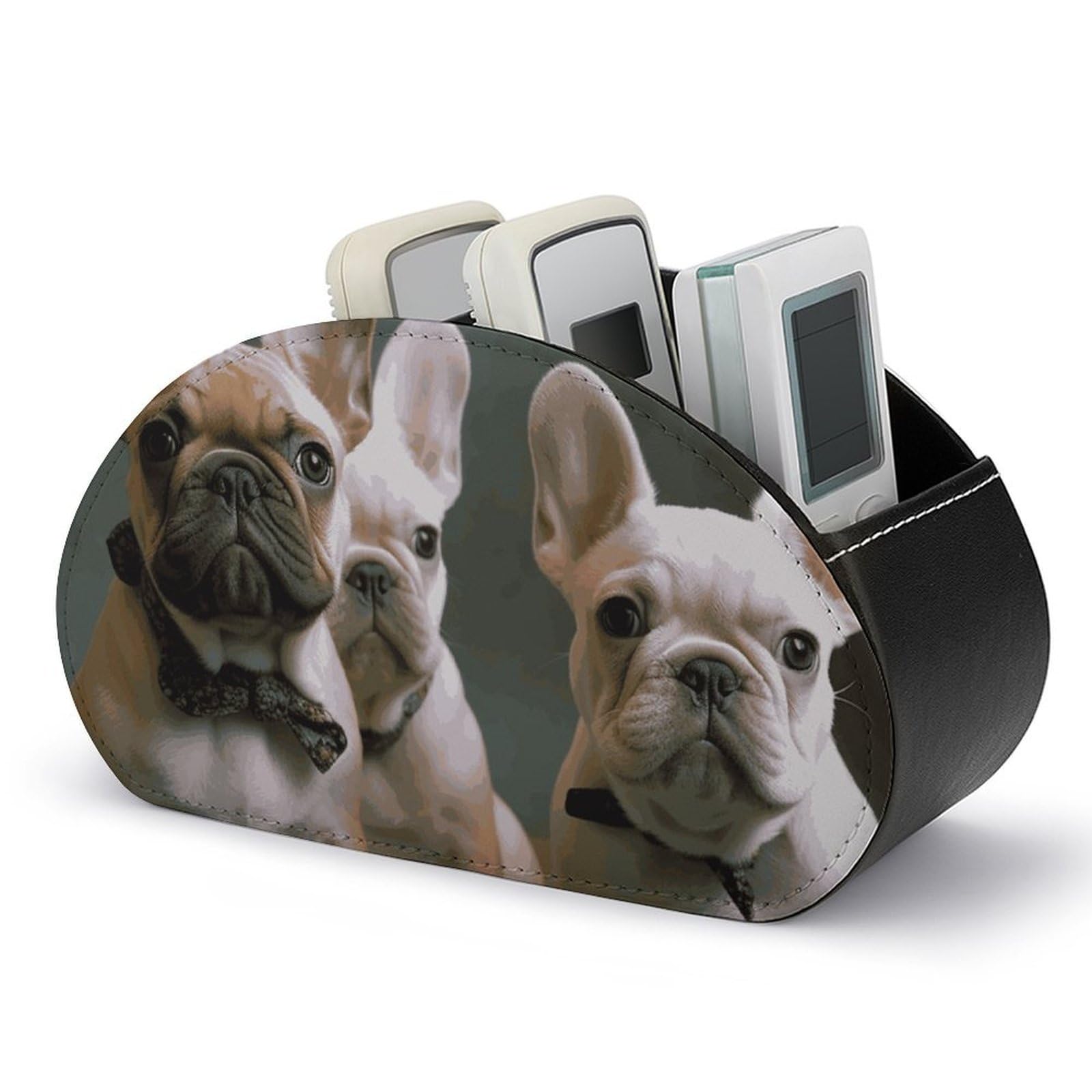 JTREHY - French Bulldog Puppy Remote Control Holder with 5 Compartments PU Leather Multifunctional Bedside Storage Box
