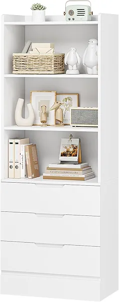 DICTAC 73.23'' Tall Storage Cabinet Bookcase with 3 Drawers and 3-Tier Open Shelves Wooden Bookshelf Kitchen Pantry Storage Organizer Cabinets for Living Room, Study, Kitchen,Bathroom,White