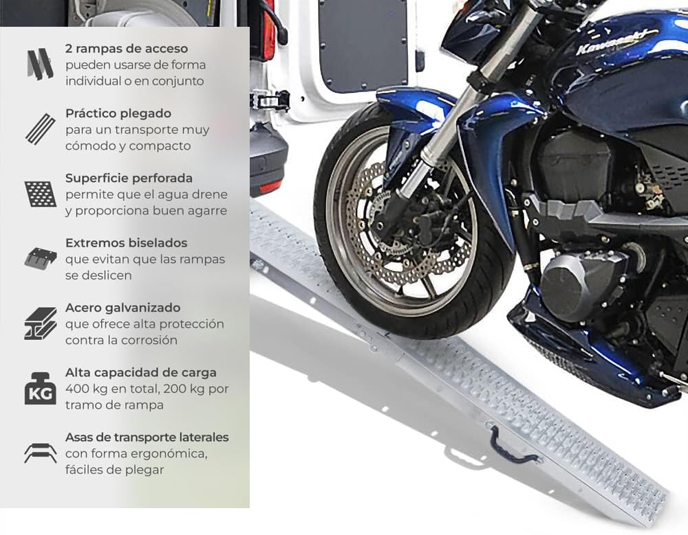 Juego de 2 rampas de Carga Plegables en Acero 1900 x 225mm, 400kg el par para Moto, Bicicleta, Quad ATV, etc