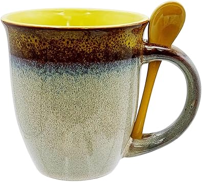Rockin Gear Mug with Spoon - Glazed Ceramic Coffee and Tea Cup with Handle - Gorgeous Unique Design Coffee Mugs 16 oz. - Best Gift for Coffee Tea Lover/Addicts Yellow, 1