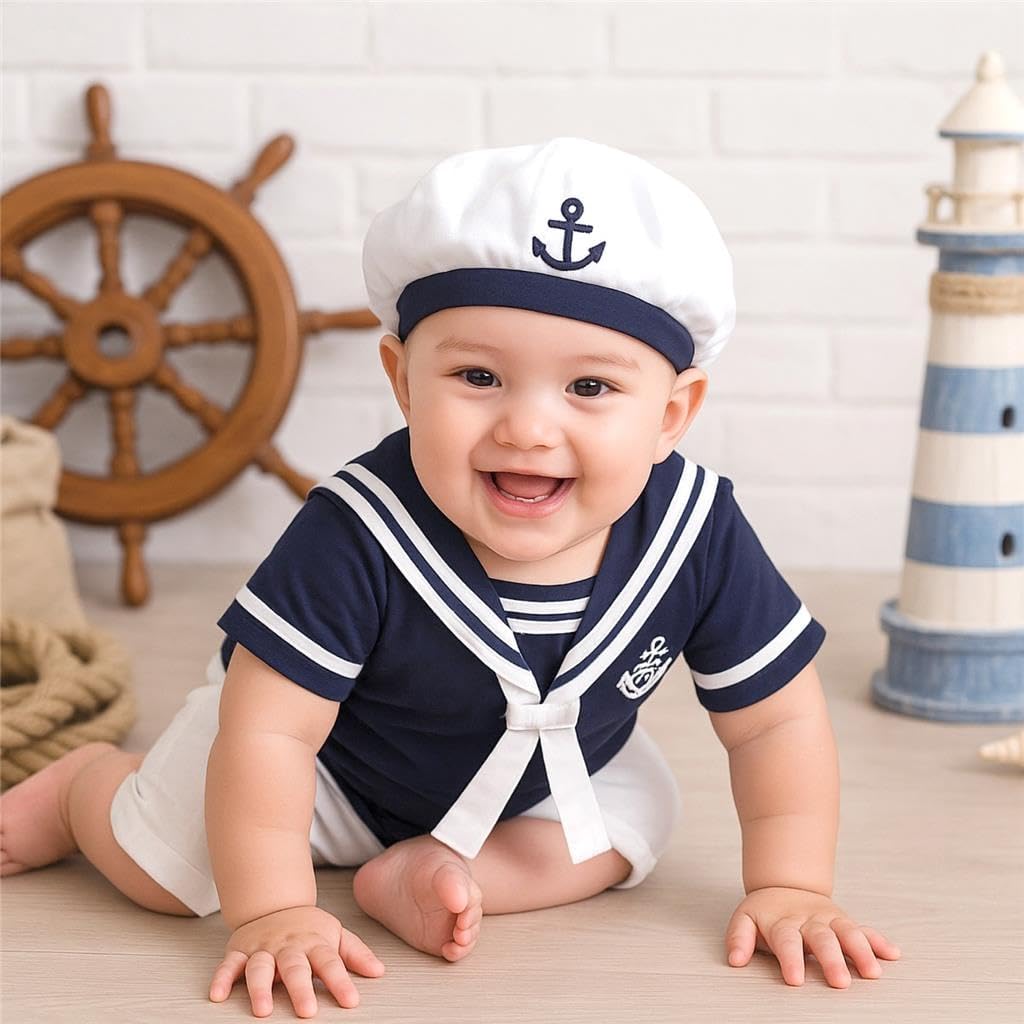 Dressy Daisy Infant Baby Boy Sailor Outfit Nautical Onesie Romper Bodysuit Costume Clothes with Hat, White Navy - Image 6
