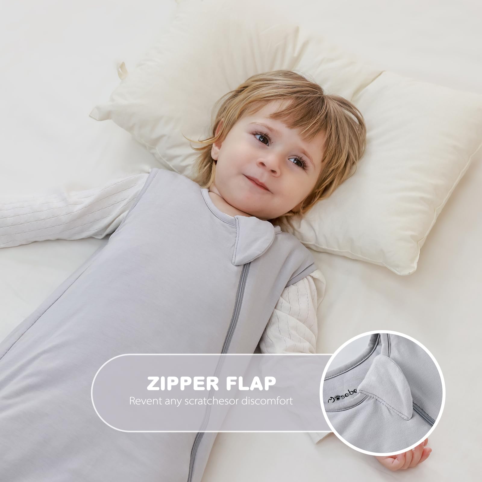 Mosebears Sacco nanna invernale per bambini 2,5 tog,Sacco Nanna Neonato in fibra di bambù, morbidissimo e caldo(0-6 mesi,Light grey)