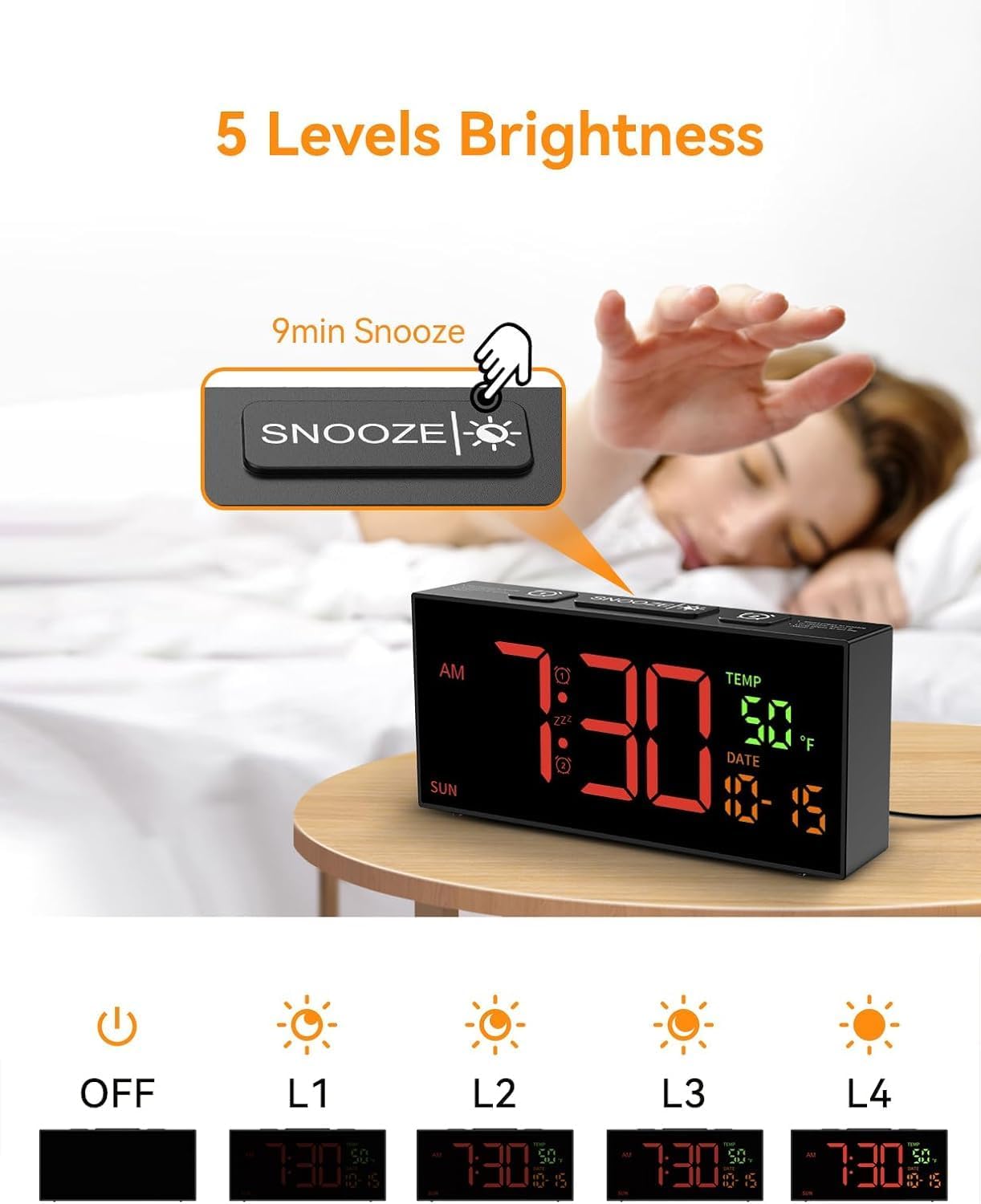 Netzu alarm clock showing the snooze button and brightness levels.