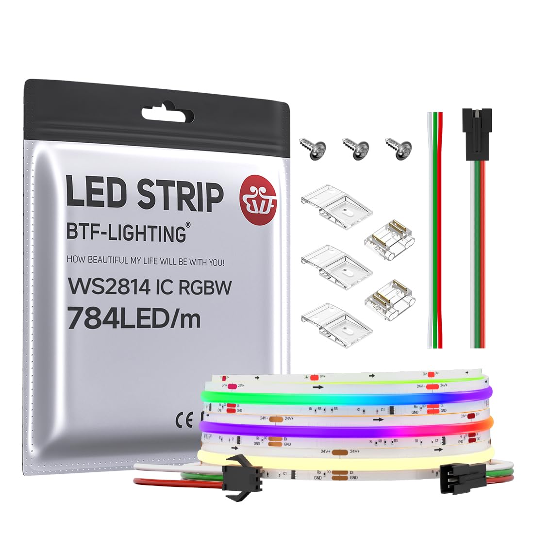 BTF-LIGHTING FCOB WS2814 IC RGBW 3000K COB LED Strip Flexible High Density Uniform Chasing Color Light 9.8FT DC24V 784LED/m 14IC/m 10mm Width for Home