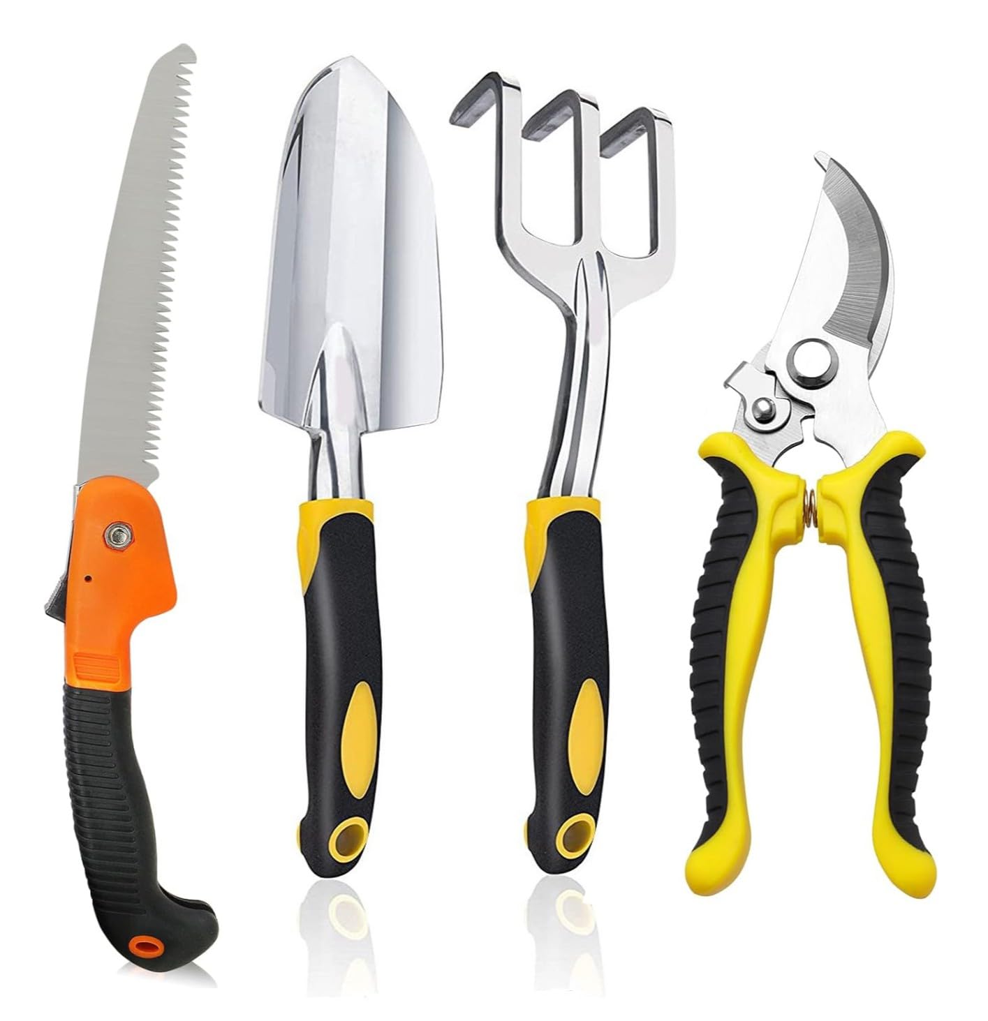 Gardening Hand Tools Set - 4 Pcs (Rake, Trowel Fork, Pruner Cutter, Folding Saw) | Gardening Tools for Home Garden | Durable Plant Tool Kit | Farming Tools