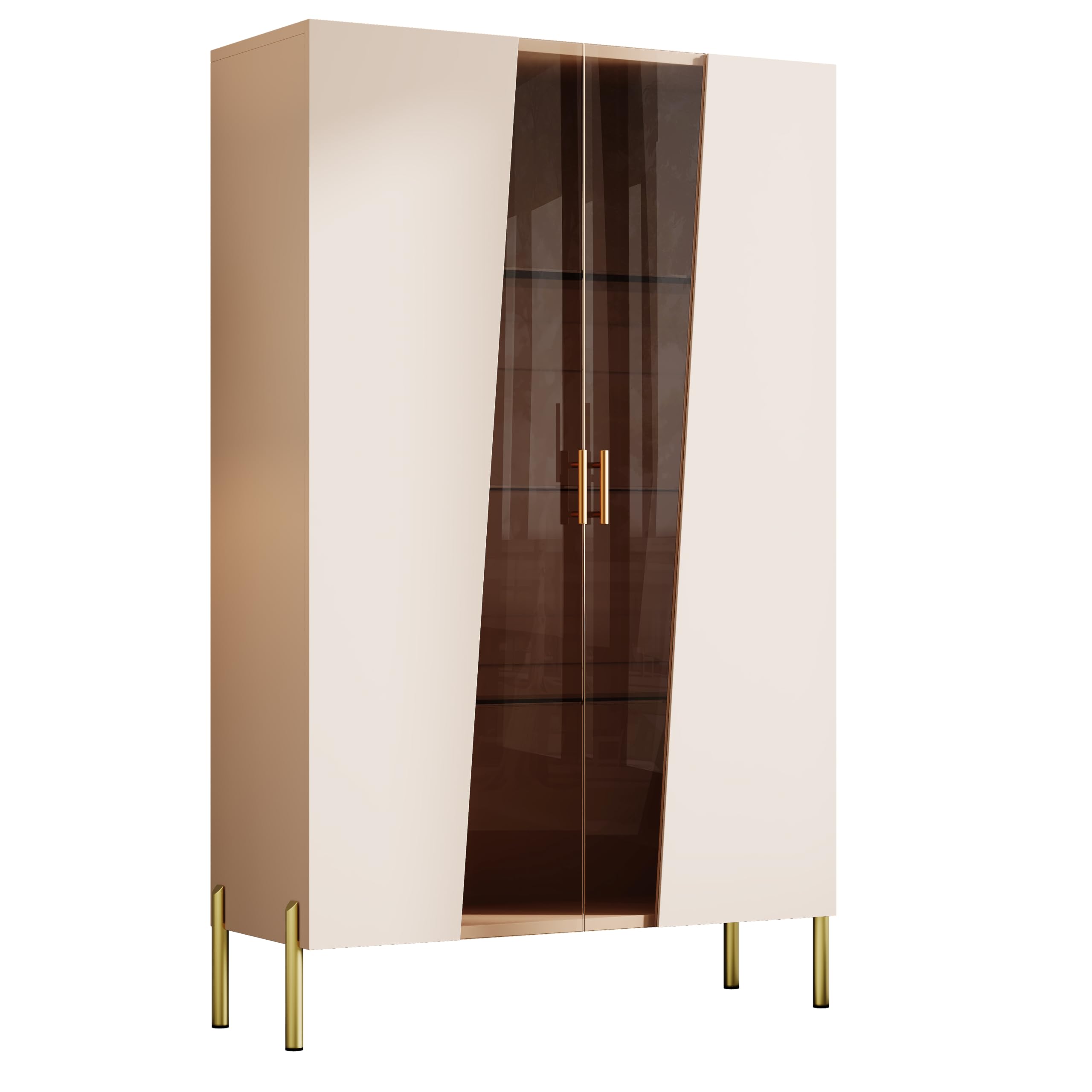 Armadio in vetro con anta asimmetrica in vetro temprato, 3 ripiani in vetro, maniglia in metallo e piedini in metallo, come vetrina per sala da pranzo, libreria, colore: beige
