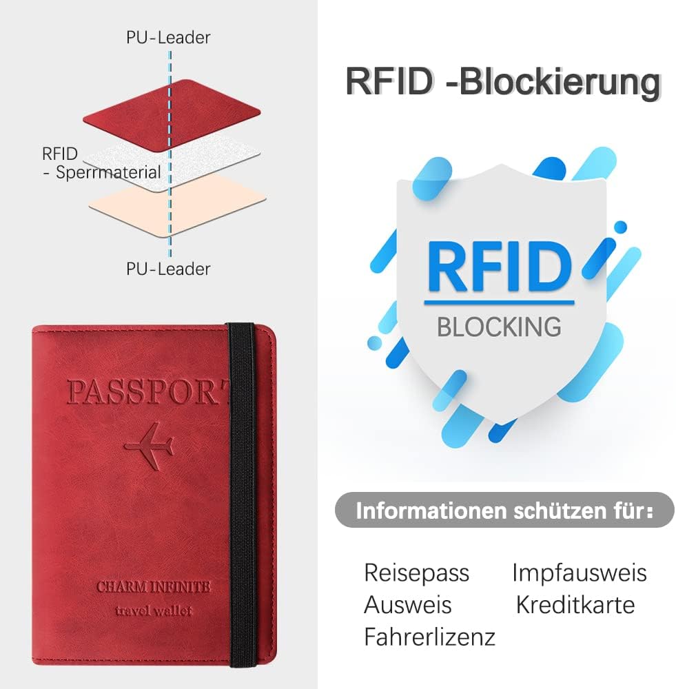 Czyan Reisepasshülle, Kunstleder Schutzhülle Reisepass mit RFID Blockier Schutzhülle Impfausweis Schutzhülle Tasche für Kreditkarten Ausweis und Reisedokumente (Rot) - Image 3