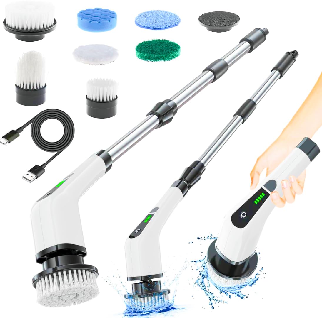 Electric Spin Scrubber,2024 New Cordless Shower Scrubber wDrill Brush Heads,Power Cleaning Brush for Bathroom,Kitchen,Car,Tile,Wall,Floor,Tub,Grout(White)