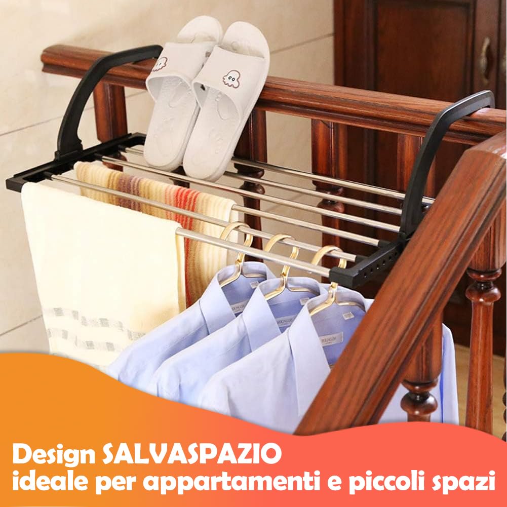 BAKAJI Stendibiancheria da Balcone Estensibile e Pieghevole in Acciaio Inossidabile, Stendino Salvaspazio Allungabile da 62 a 110 cm per Bucato con Supporto Calzini e Intimo, Stendipanni da Ringhiera