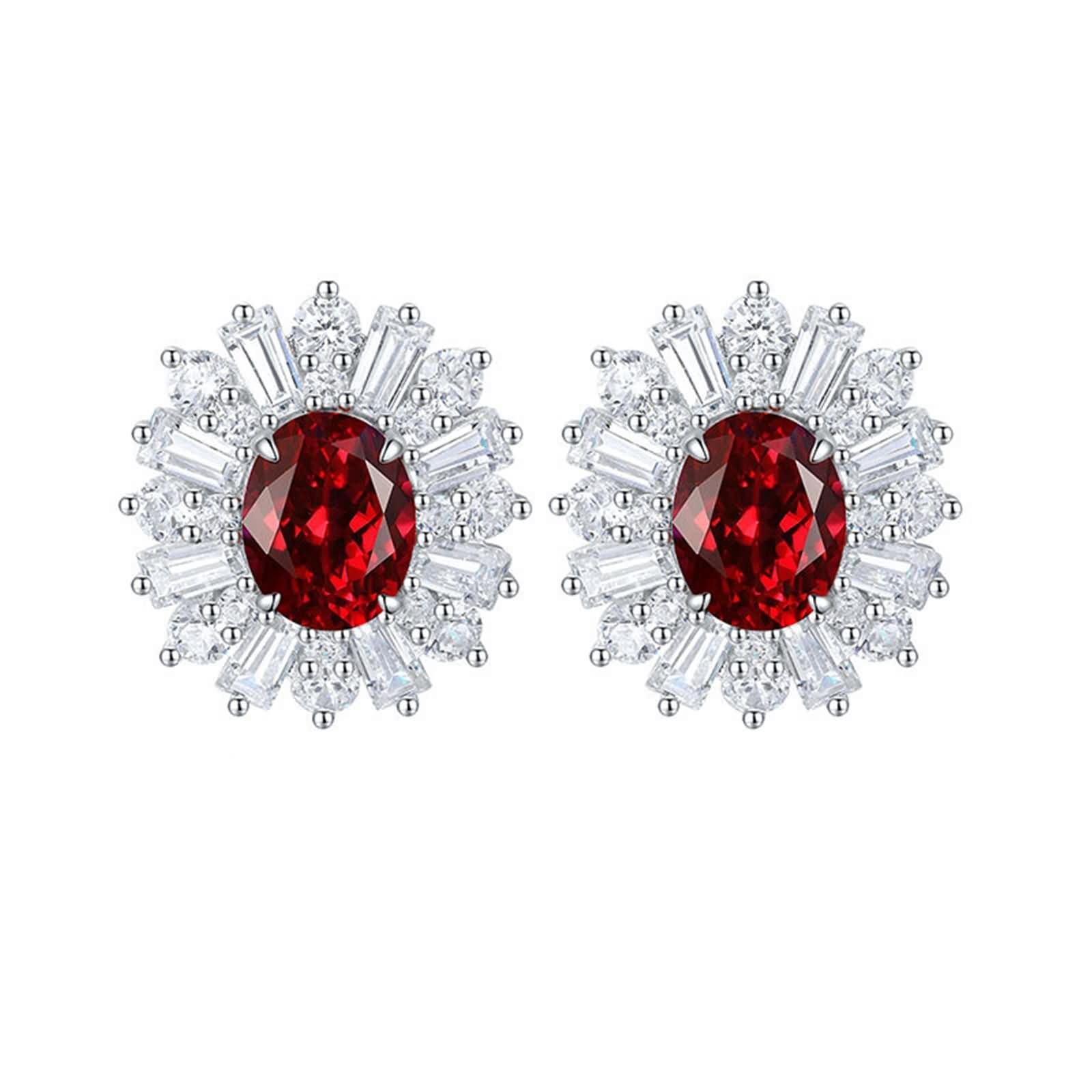 Ohrringe Hochzeit Damen 9K / 14K / 18 K Weißgold, 5x7MM Oval mit Erstellter Rubin 3,81 Karat und Moissanit, Hochzeit Damen Ohrringe Silber Rot