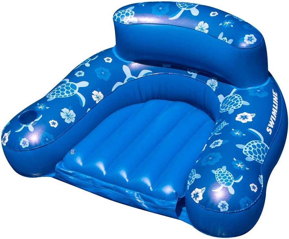 Swimline Tropical Chair in a compact, seated position, floating in a pool
