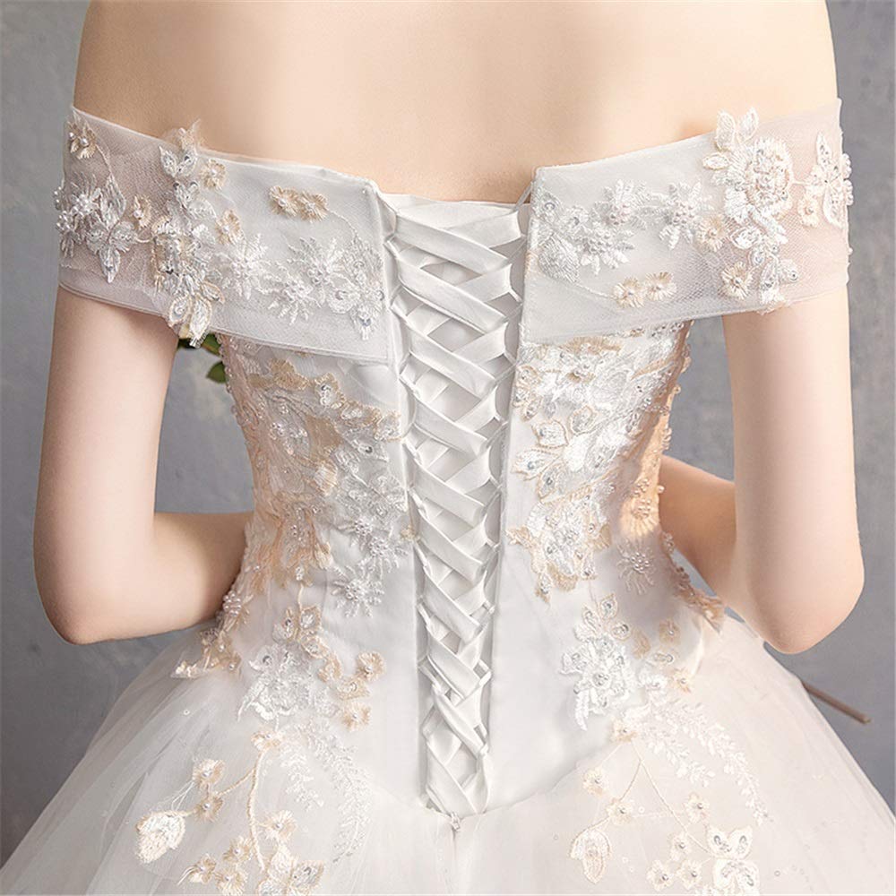 Abito da Sposa Donne Abiti da Sposa Corte di Lusso Word Spalla Pizzo Slim Slimming Abito da Sposa Abito da Sposa, Bianco, l