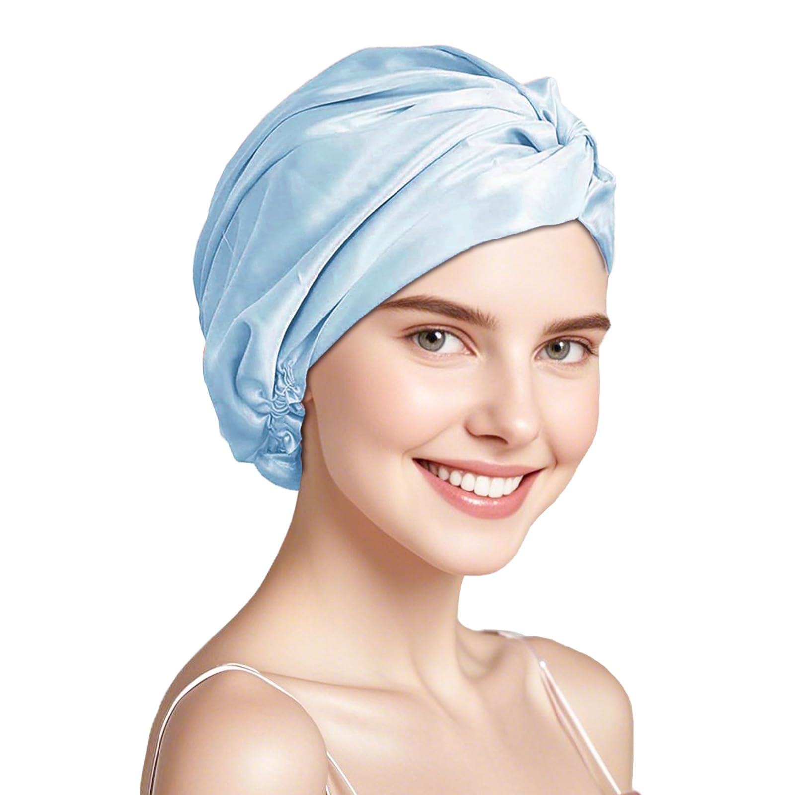 townssilk 100% seda de morera para mujer, gorro de dormir de 16 mommes, gorro de ducha de seda bueno para el cabello, protege el cabello, gorro de noche de seda, doble capa, azul — view 7