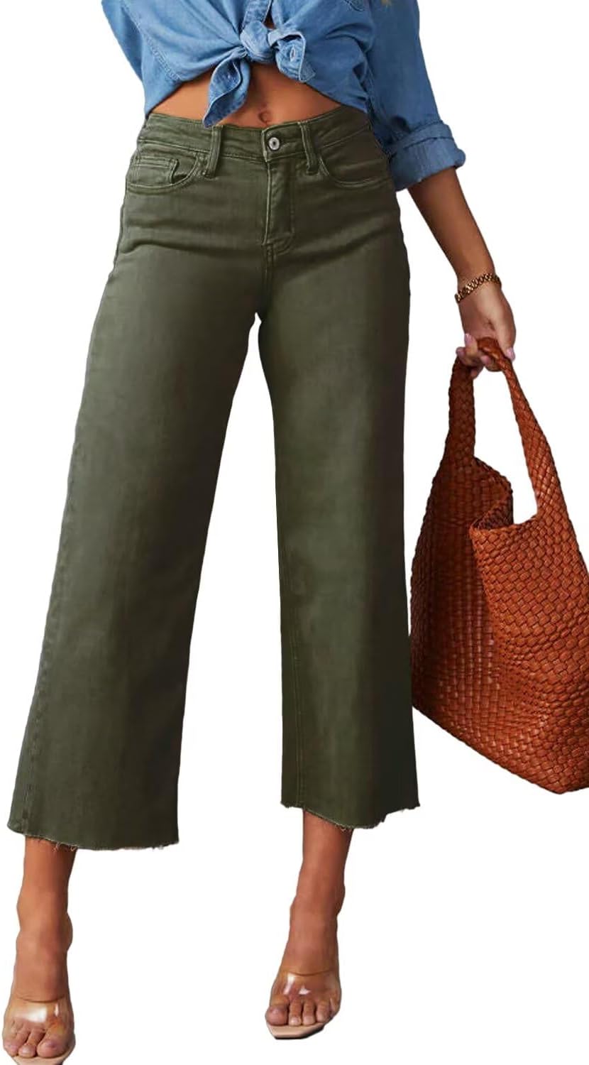 Allimy Women's High Waisted Straight Ankle Wide Leg Ripped Jeans Frayed Hem Stretchy Capri Denim Pants - Image 6