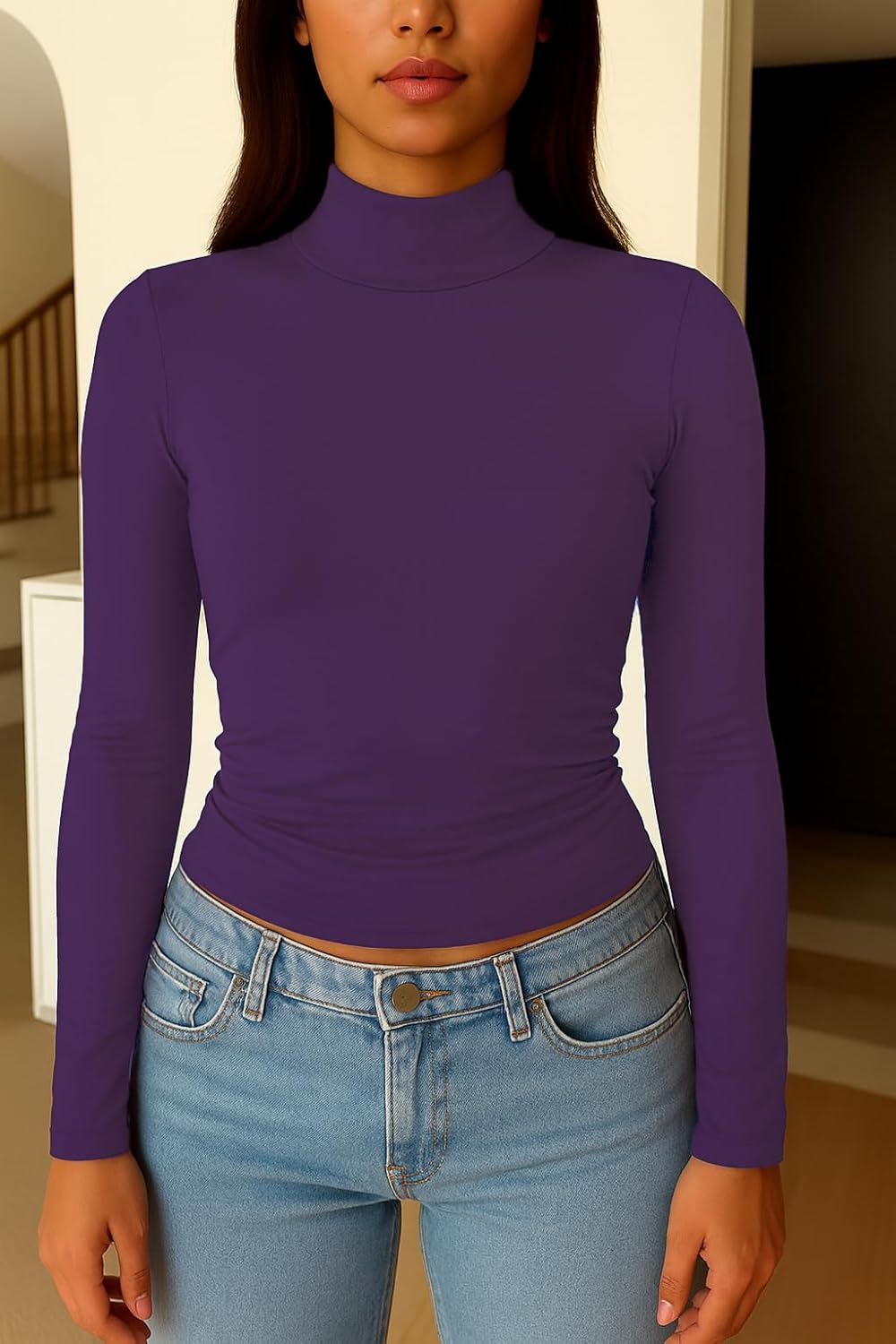 ForeFair Womens Turtleneck Mock Neck Long Sleeve Shirts Going Out Double Lined Crop Tops Slim Fitted Basic Tee - Image 6