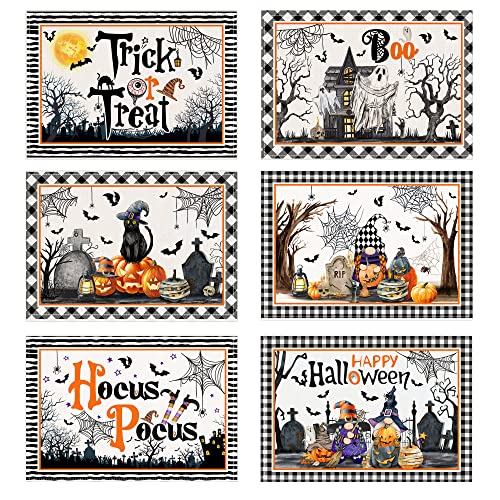 Pinata Halloween Placemats, Happy Halloween Kitchen Table Decor, Treat or Trick Place Mats for Dining Table, Decorative Holiday Gnomes Pumpkin 12x18inch Rectangle Washable Table Mat Set of 6