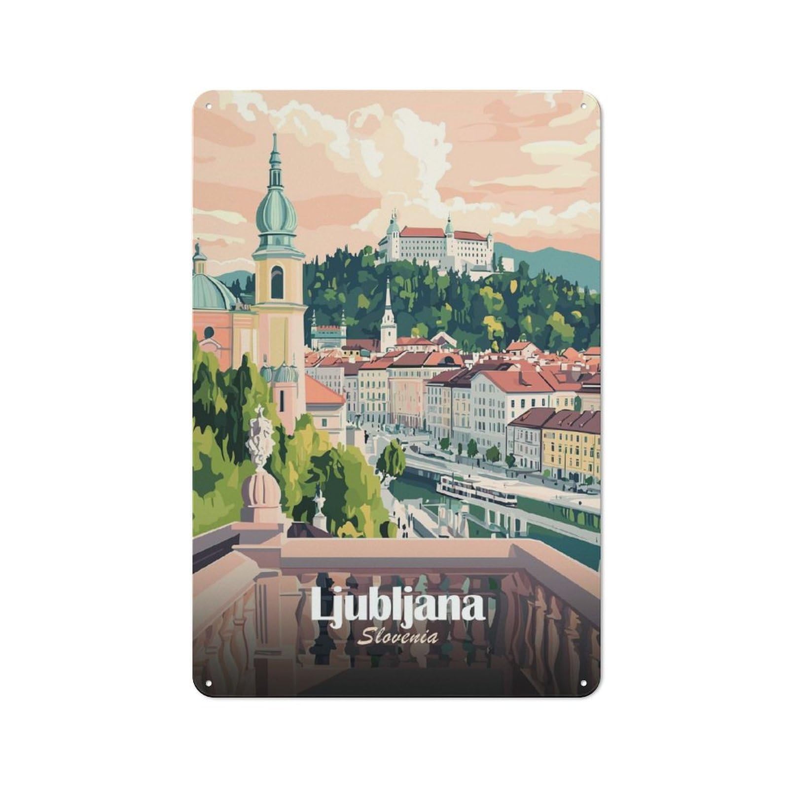 Tin Sign with Ljubljana, Slovenia Cityscape Illustration(2) Design 30x20cm, Understated Studio Wall Plaque for Hobby Room, Office, Lounge Or Living Room