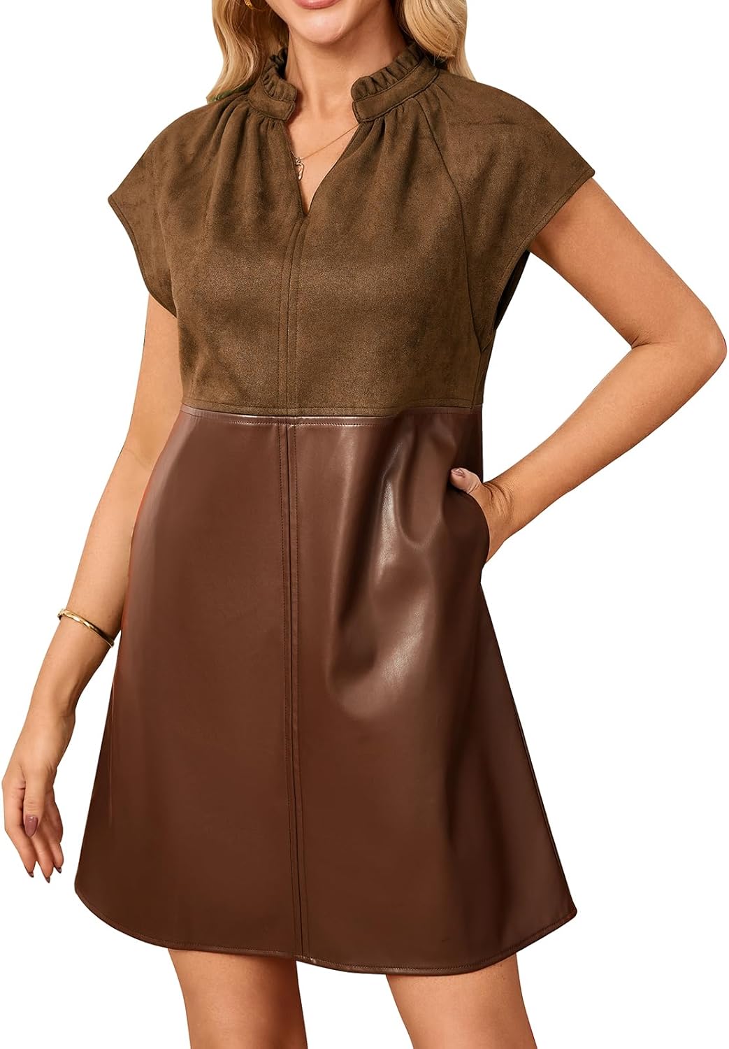 Women’s Faux Suede Mini Dress 2025 Fall Cap Sleeve V-Neck Faux Leather Dress