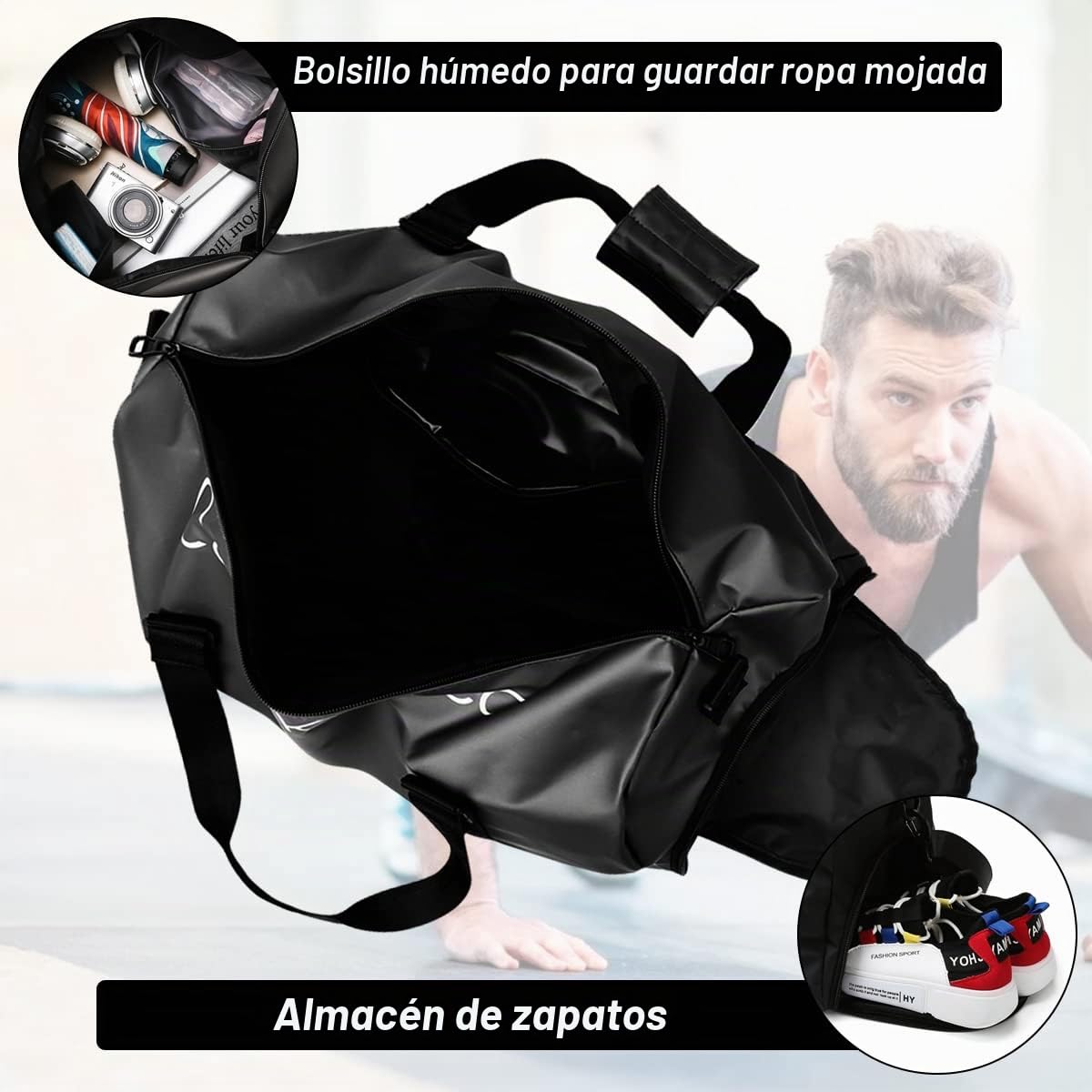 Bolsa Deporte Unisex, con Compartimento Húmedo y para Yoga, Natación y Piscina - Negro