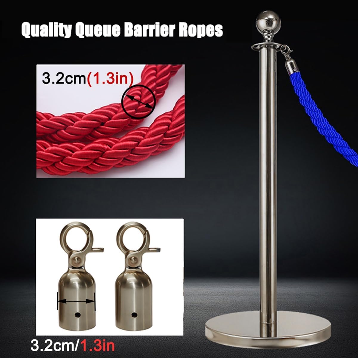 Crowd Control Stanchion Ropes with Silver Hooks Twisted Rope for Queue Management 3/4/5/8/12 Feet Braided Hemp Barrier Rope for Event & Line Management