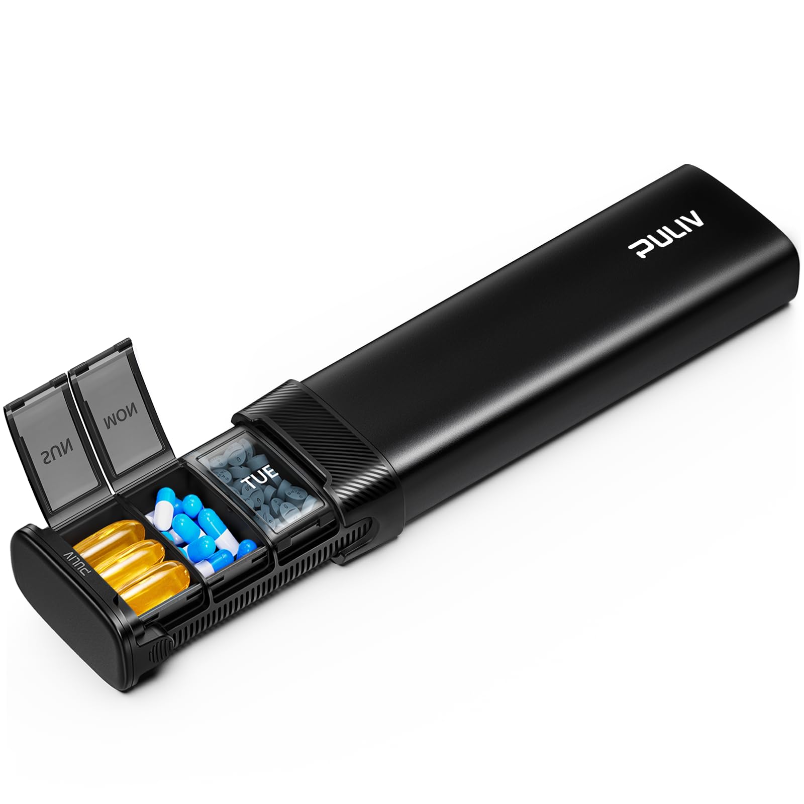 PULIV Metal Weekly Pill Organizer with Sturdy Sleek Aluminum Alloy Case Pill Case for Travel with Triple Design