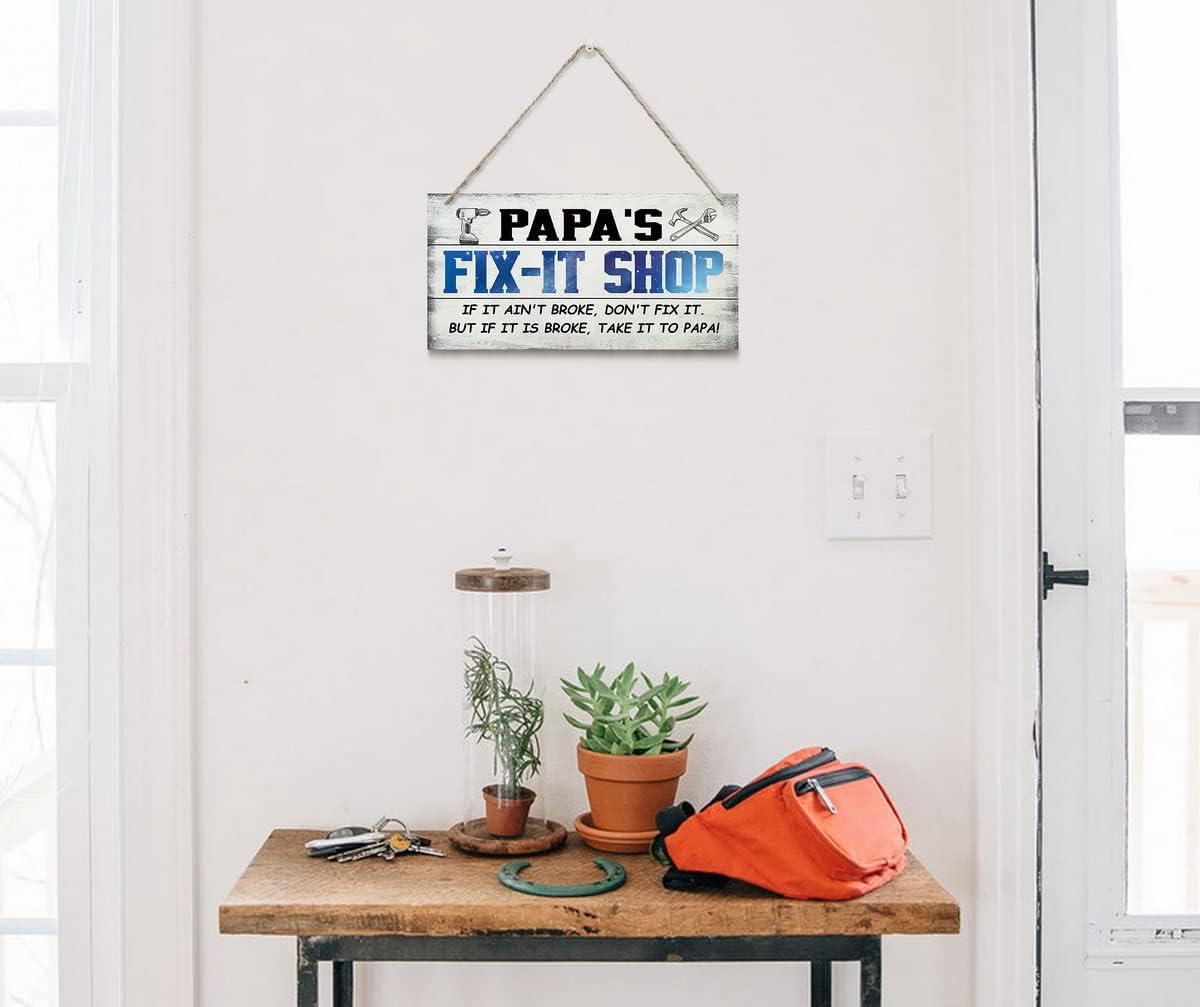 Vintage Style Sign, Papa's Fix-It Shop If It Ain't Broke, Don't Fix It. But If It Is Broke, Take It To Papa! Hanging Wood Sign Home Decorative, Printed Wood Wall Art Sign, Gift for Grandpa 12x6 in - Image 2