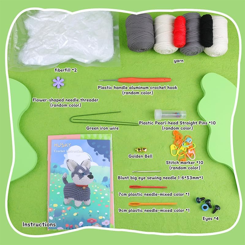 Crochet Puppy Dog Kit, Gray and White Husky Design with Red Collar and Bell, DIY Craft Set with Hooks and Stitch Markers