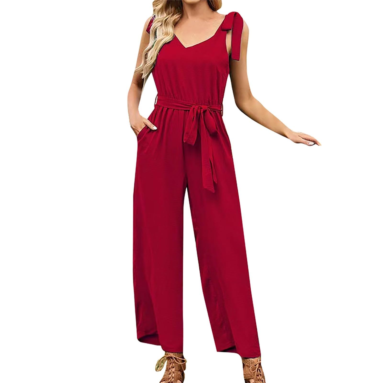 Jumpsuit Damen Sommer Lang Weites Bein Overall Damen Elegant Ärmellos Rückenfrei Jumpsuits V Ausschnitt Overalls Träger Schnürung Playsuit Frauen Mit Gürtel Romper Mit Taschen Onesie Freizeit
