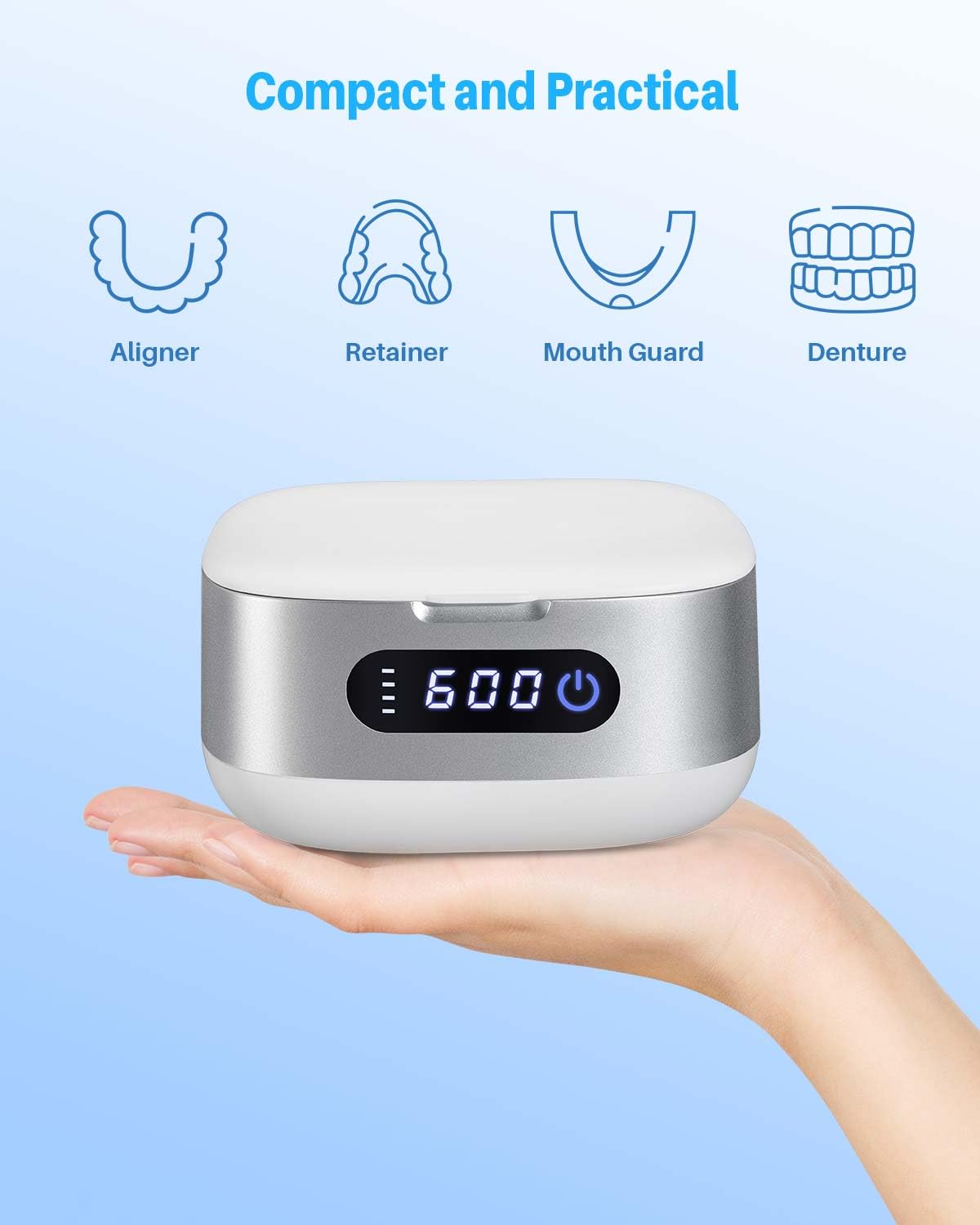 Voraiya Pulitore Ultrasuoni per Bite e Apparecchio Denti, Dental Pod Compatto e Silenzioso, Batteria Ricaricabile 4000 mAh, IPX7 Impermeabile, 166 ml, per Allineatore, Dentiera Viaggio