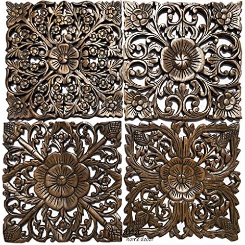 Asiana Home Decor-Floral Carved Wood Wall Art Plaques. Tropical Home Decor. 12" (Brown, Set of 4) Cover