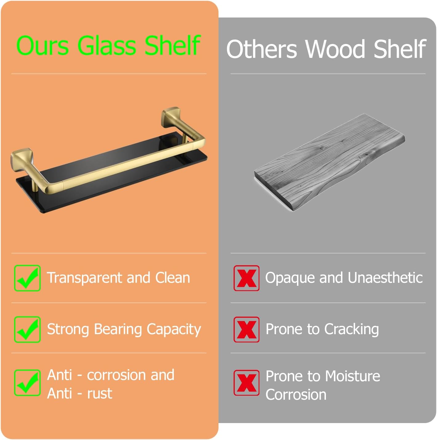 16-Inch Bathroom Glass Shelf, Rectangular Floating Shelves, Brushed Gold Wall Organizer with Black Tempered Glass & Safety Railing