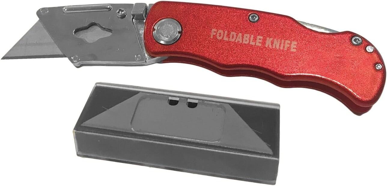 Folding Pocket Clip Warehouse Box Cutter with 5 Extra Blades (Assorted Colors)