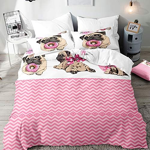 3D Pug Duvet Cover Set for Single Double King Bed, Morbuy Dog Printed Bedding Sets Boy Girl Bedroom Microfiber Duvet Set Quilt Case with Pillowcases (135x200cm,Donut pug)