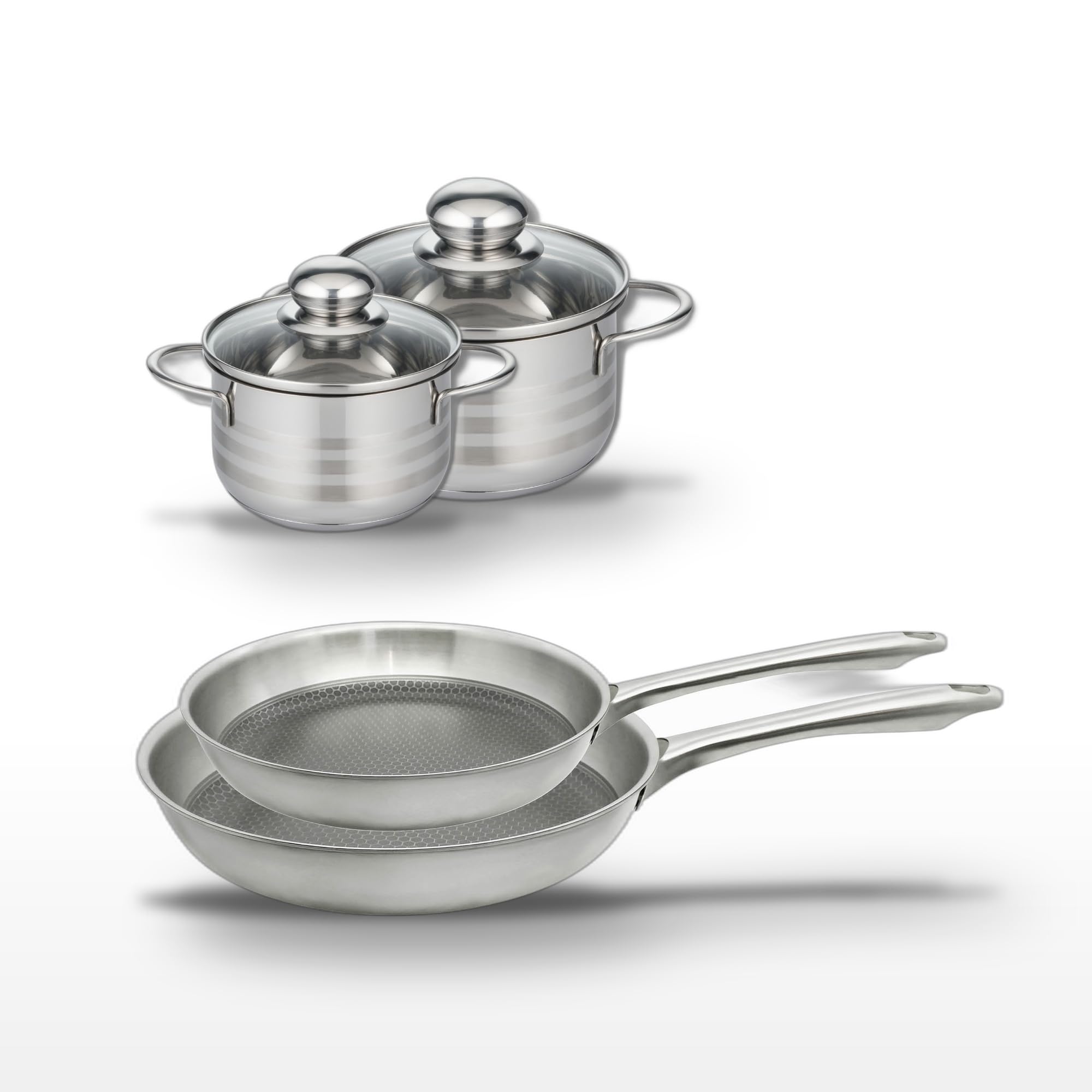 Elo Batterie de cuisine 2 poêles 24/28 cm et 2 faitouts 12/14 cm | Cuisson complète, 2 poêles 2 faitouts, Inox facile à choisir, 24 28 cm et 12 14 cm, Induction four lave vaisselle