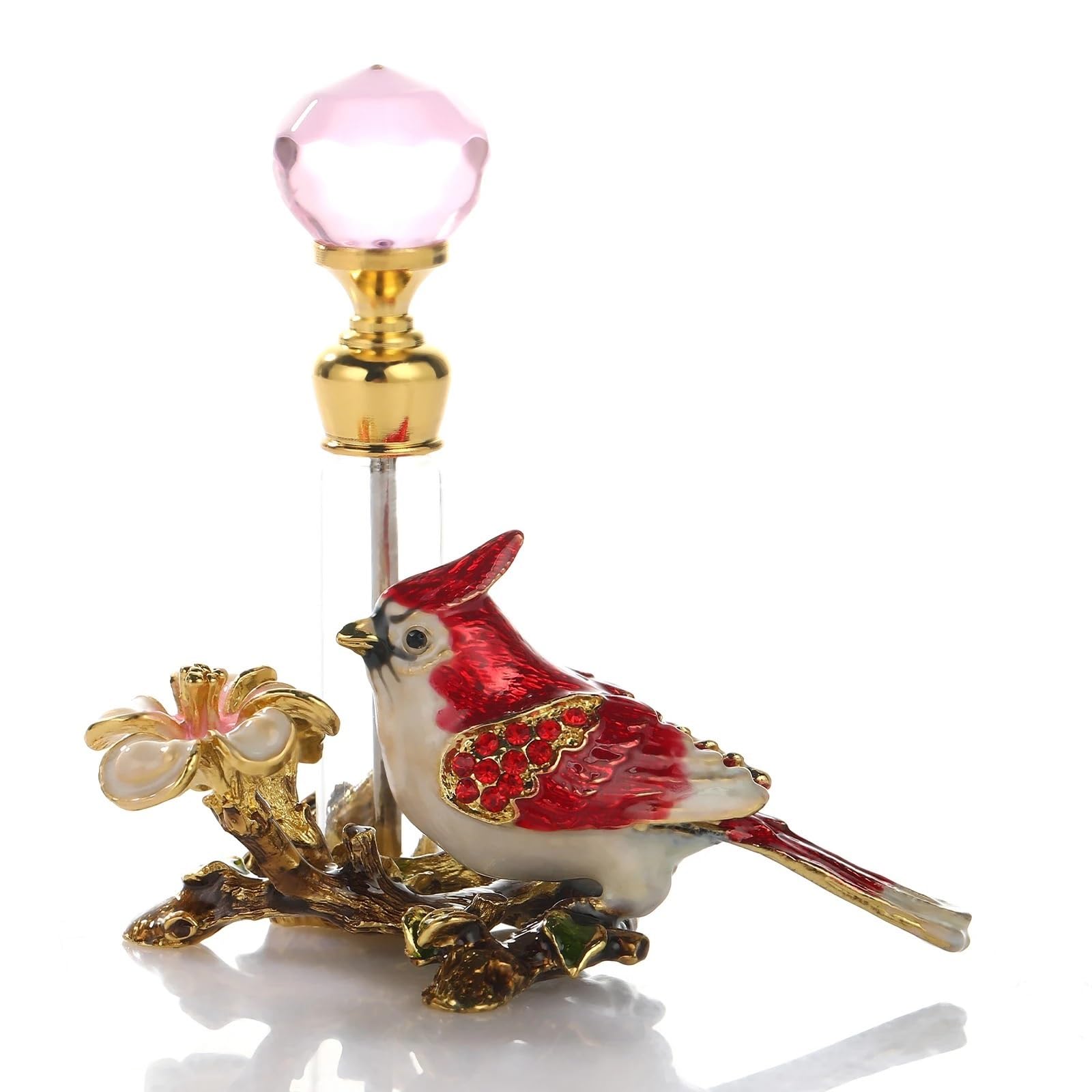 Atomizador de perfume, Botella de perfume 5 ml con varilla goteo, decoración flores multicolores esmaltadas metal y vidrio, 8x8 cm(Red Bird)