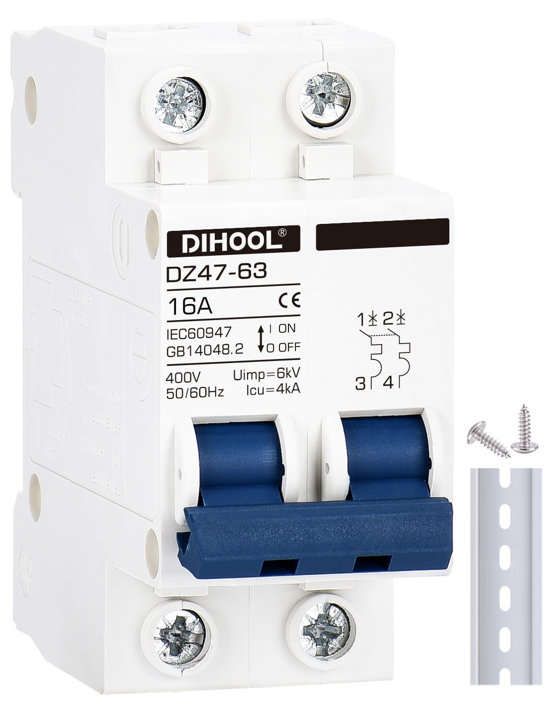 DIHOOL Miniature Circuit Breaker MCB, 2 Pole, 16Amp,230VAC,Type C